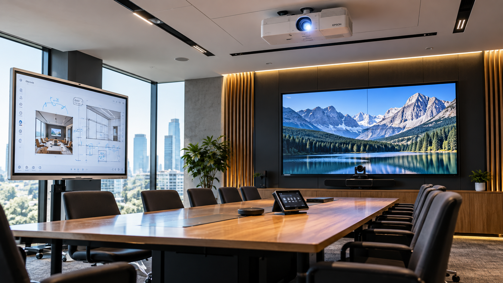Sala konferencyjna z systemem projekcyjnym, monitorami i urządzeniami AV